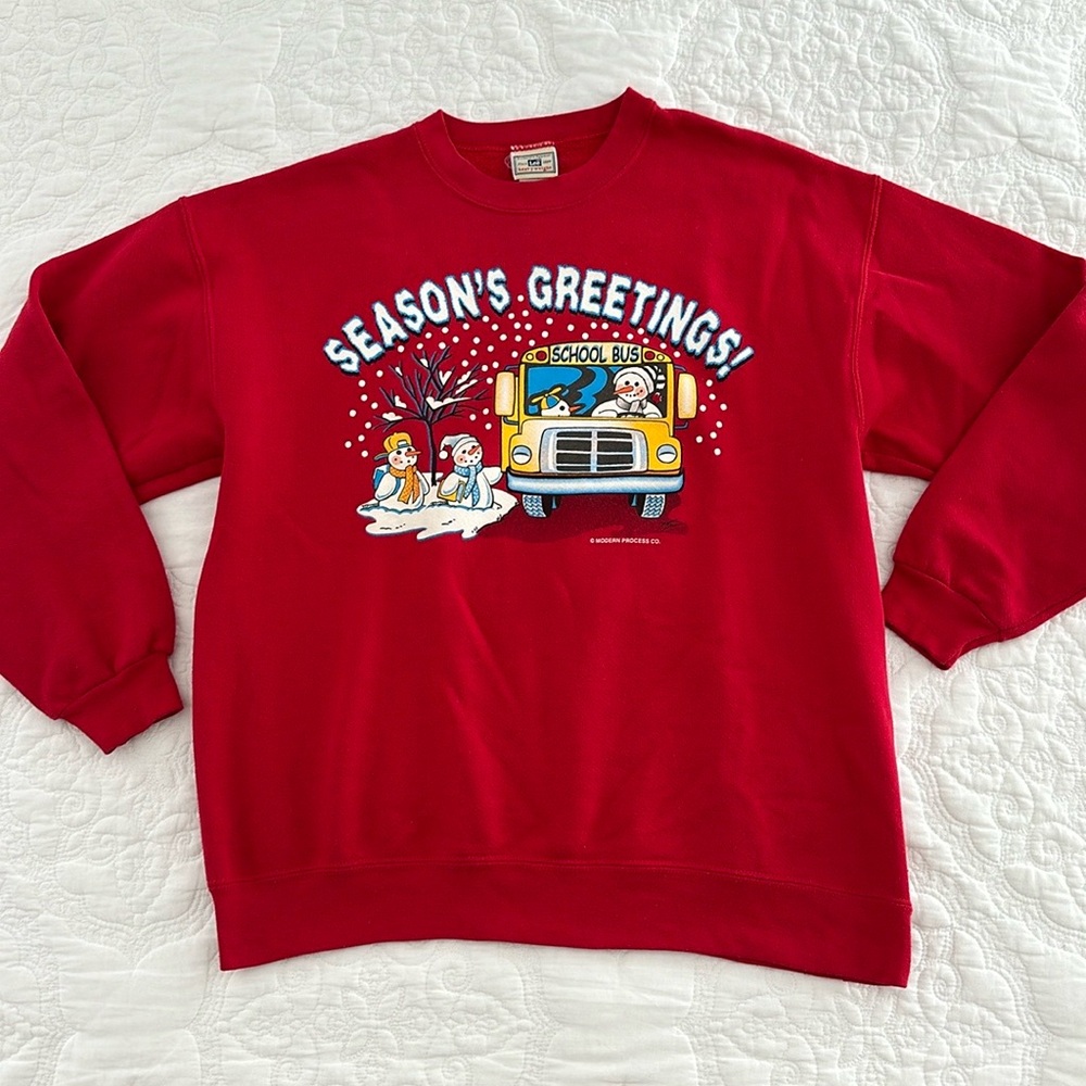 Vintage 90’s Christmas Crewneck Snowmen School Bus Size Large L Sweatshirt Lee